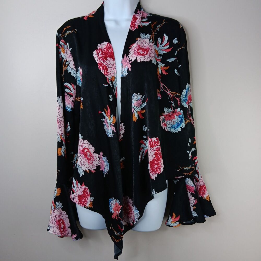 Missguided Wrap Shirt Women's Medium Floral Print Fluted Sleeve Waist Tie Blouse